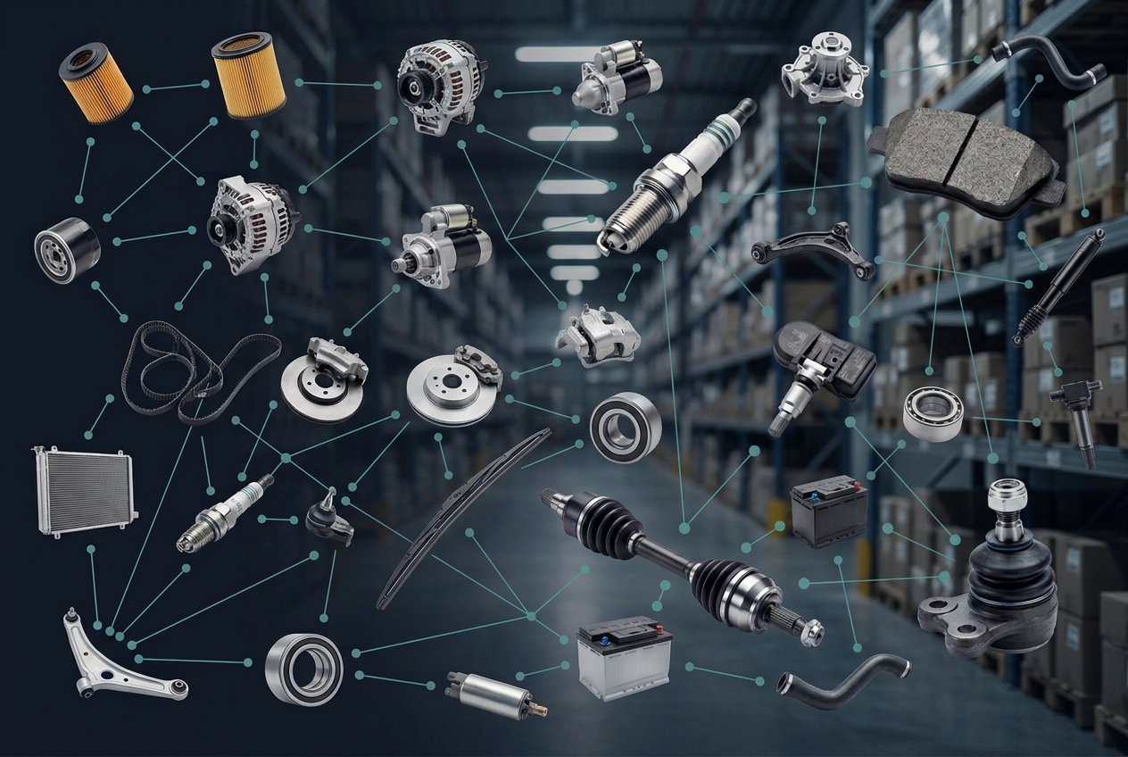 A network of connected automotive aftermarket parts — ignition, braking, filtration, electrical, undercar, and cooling components